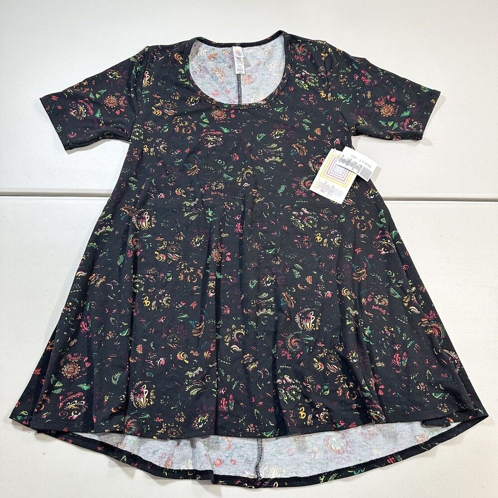 LuLaRoe XXS Perfect T Black with Pink Red Orange Floral Aztec Paisley Blouse